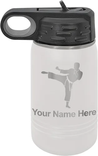 Vista 11 de Botella de agua personalizada LaserGram, Karate Man, de acero inoxidable con aislamiento al vacío de doble pared con tapa abatible, regalo grabado