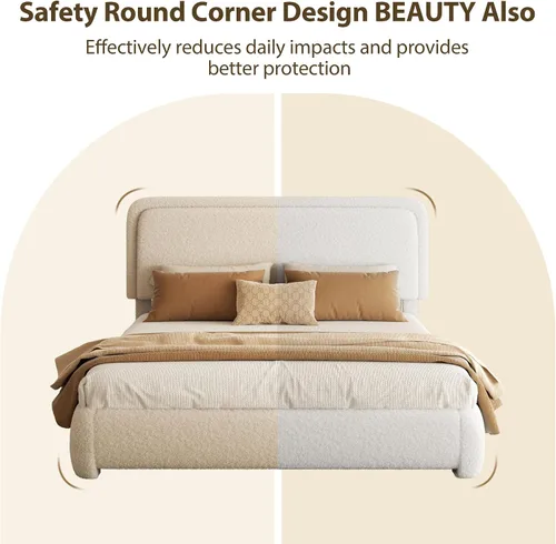 Vista 7 de Base de cama tamaño Queen, marco de cama de terciopelo Teddy Boucle con cabecera tapizada ajustable de 43.3"/45.3", esquinas redondeadas, base