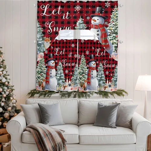 Vista 4 de Juego de cortinas de cocina con cenefa de Navidad de invierno, 3 piezas con bolsillo para barra, cortinas para dormitorio, sala de estar, baño