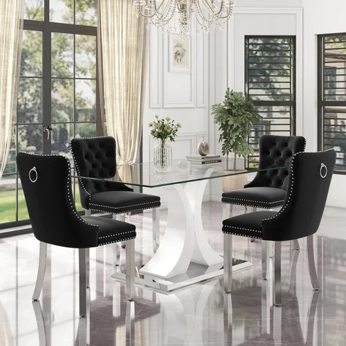 Vista 44 de Juego de comedor moderno de vidrio de lujo de 5 piezas, juego de cena rectangular minimalista grande para 4, juego de mesa de cocina de vidrio