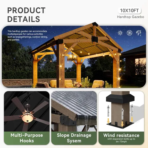 Vista 4 de Aoxun Gazebo de madera de cedro de 10' x 10' con techo de acero galvanizado