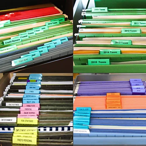 Vista 7 de Pestañas para carpetas de archivos, 60+120 juegos de pestañas colgantes multicolor con insertos, plástico transparente de 2 pulgadas para una