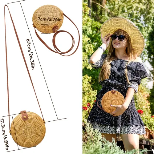 Vista 6 de WYBG Bolso de ratán bohemio tejido a mano con correa de cuero bolso de mimbre tejido redondo elegante para mujer bolso de hombro Bali Ata tejido
