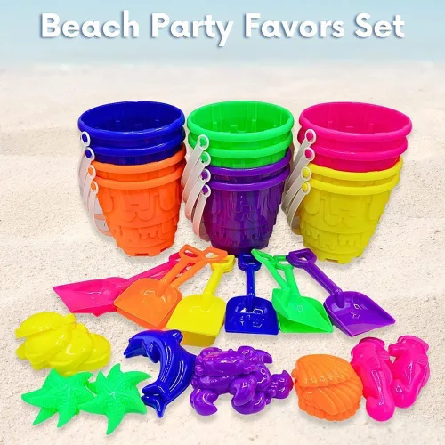Vista 4 de 4E's Novelty 12 juegos de juguetes de playa, incluye 12 cubos de arena, 12 palas, 24 moldes de arena para niños, cubos de playa pequeños de 5.75