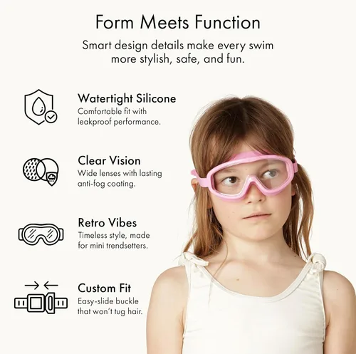 Vista 5 de Petites Pommes Gafas de Natación para Niños de 3 a 8 Años - Silicona Ligera, Lente Ancha Antivaho, Diseño Retro de Gafas de Natación para Niños
