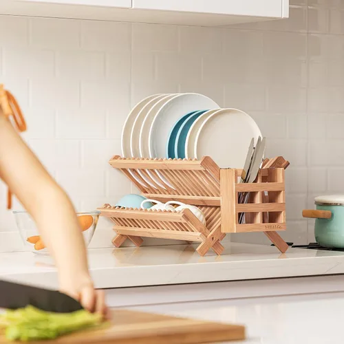 Vista 5 de HBlife Escurreplatos plegable de bambú de 2 niveles con soporte para utensilios y plato de platos, tazón, tazón, tapa de olla, tabla de cortar