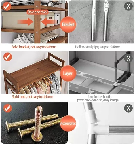 Vista 6 de Perchero de bambú con 5 estantes de almacenamiento para vestidos, zapatos y sombreros, carga máxima de 220.5 lbs, ideal para dormitorio
