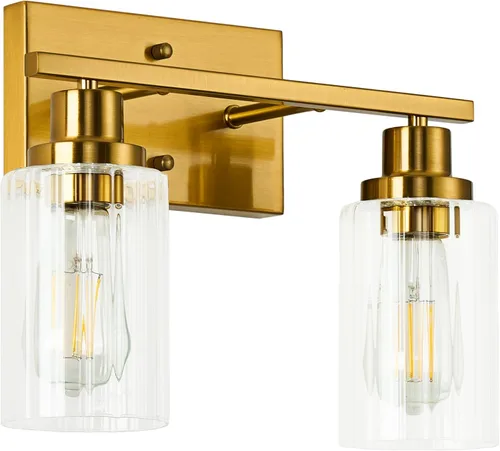 Vista 8 de Jonsi Accesorios de iluminación de baño dorados, 2 luces de tocador de oro cepillado con pantalla de vidrio estriada, luces modernas sobre espejo
