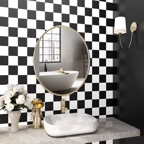Vista 3 de Yenhome Papel tapiz a cuadros en blanco y negro para despegar y pegar a mediados de centro, moderno papel de contacto blanco y negro para armarios