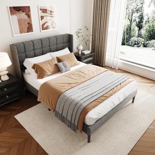Vista 3 de Base de cama tamaño matrimonial con cabecera con respaldo de ala, base de cama tapizada de lino con cabecera capitoné con botones, soporte