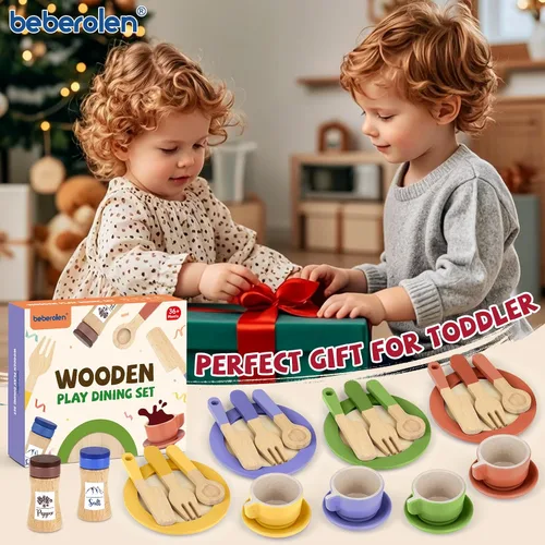 Vista 6 de Platos y platos de madera para niños, accesorios de cocina para niños pequeños de 1 a 3 años, juguetes de cocina, tazas de té para niños, regalo