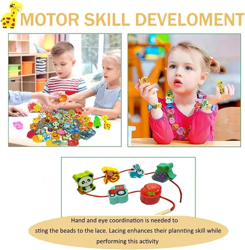 Vista 3 de Montessori - Cuentas de madera con cordones para niños, 42 piezas de actividades preescolares para automóvil, animales, verduras, cuentas, juguetes