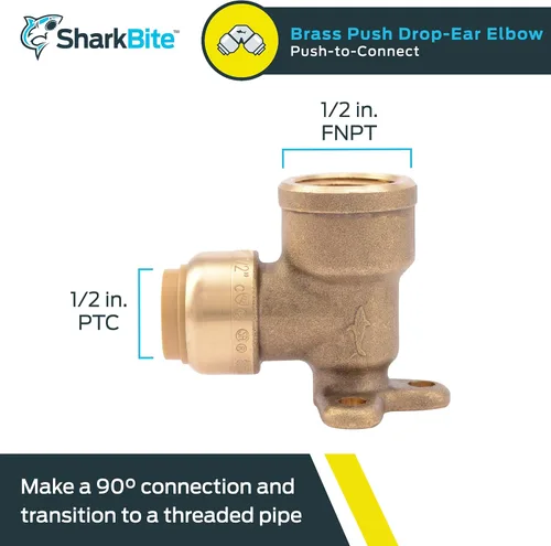 Vista 2 de SharkBite Codo de oreja de caída de 1/2 pulgada x 1/2 pulgada, FNPT, Empuje para conectar accesorios de plomería de latón, tubo PEX, cobre, CPVC