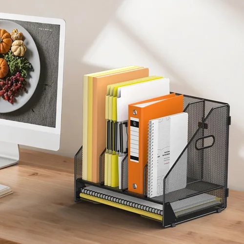 Vista 7 de Docnest Organizador de archivos de escritorio, 4 compartimentos verticales con bandeja de cartas, soporte de archivos de malla con asa