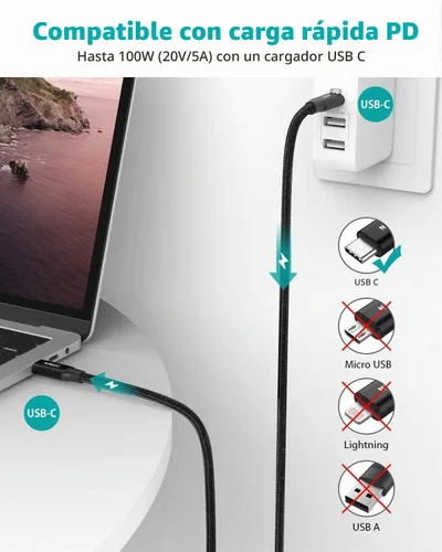 Vista 2 de Cable NIMASO USB C 3.1 Gen 2 de transferencia de datos de 10 Gbps, cable de monitor de salida de video 4K, carga rápida PD de 100 W para iPhone Negro