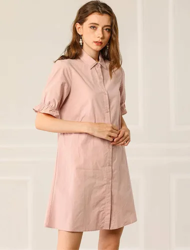 Vista 6 de Allegra K Womens 2023 Summer Ruffled Short Sleeve Cotton Solid Color Belted Button Down Shirt Dress