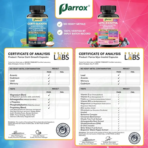 Vista 6 de Paquete de Suplementos Parox Cortisol y Myo-Inositol, Paquete de Calma y Suavidad, Equilibrio de Cortisol 13-en-1, Magnesio, Ashwagandha, L-Teanina