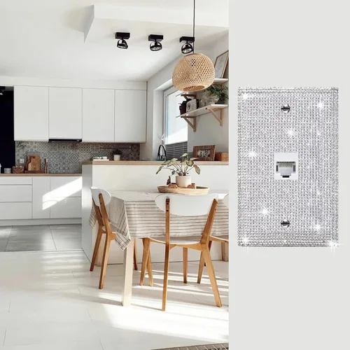 Vista 29 de Placa de pared con diamantes de imitación plateados brillantes plateados, placa de cubierta de interruptor de luz, cubierta de enchufe de grano