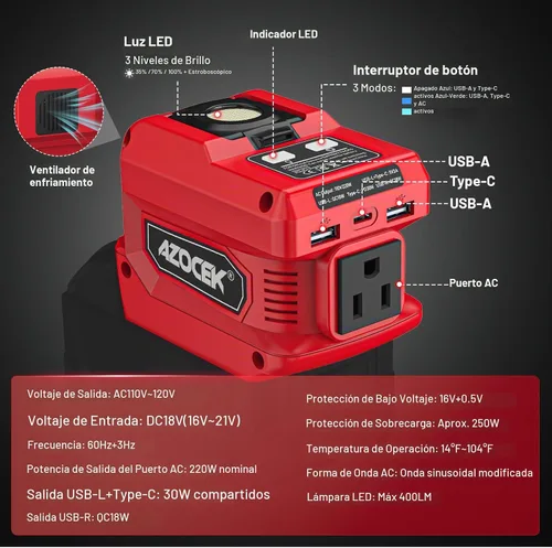 Vista 2 de Inversor de corriente Azocek de 220 W compatible con batería Milwaukee