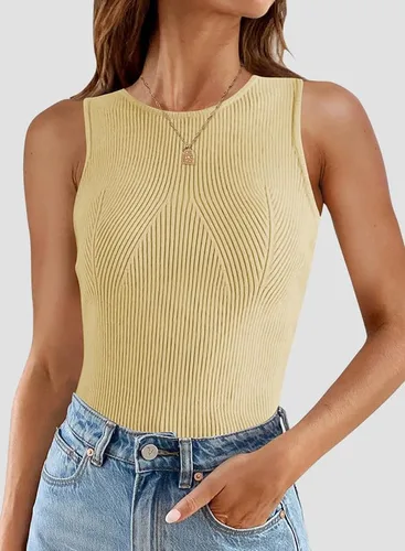 Vista 3 de Dokotoo Camiseta sin mangas acanalada de verano para mujer, cuello alto, chaleco ajustado