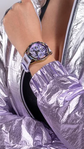 Vista 4 de GUESS Reloj para mujer de 1.57 pulgadas, correa morada, esfera lavanda, caja iridiscente, Púrpura