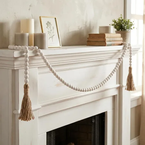 Vista 4 de Cuentas estilo granja, guirnalda de cuentas de madera de 58 pulgadas con borlas, decoración rústica de campo, cuentas bohemias de oración