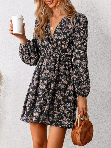 Vista 5 de CUPSHE Mini vestido floral con cuello en V para mujer, manga larga, línea A