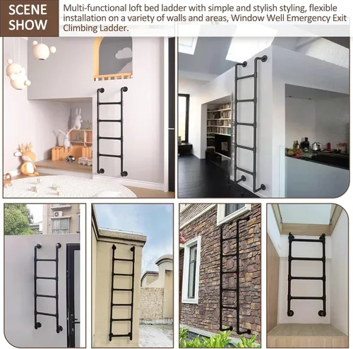 Vista 6 de Metal Twin Bed Bunk Ladder for Loft Dorm, Wall Mounted Home Attic High Bed Step Ladders Climbing Ladder 49"/51"/55"/65", Black Wrought Iron Window