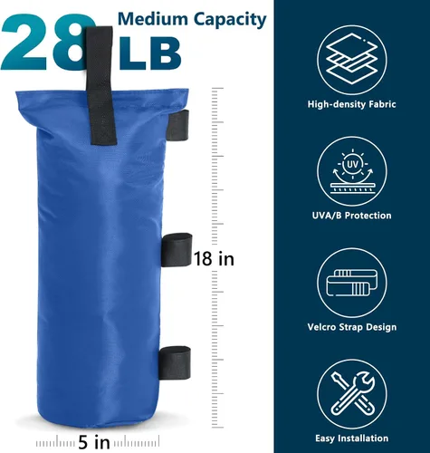 Vista 2 de MASTERCANOPY Bolsas de arena con peso de toldo de 112 libras, sin arena (5 x 18 pulgadas, azul) Durable Sandbags without Sand Set of 4 Anchors