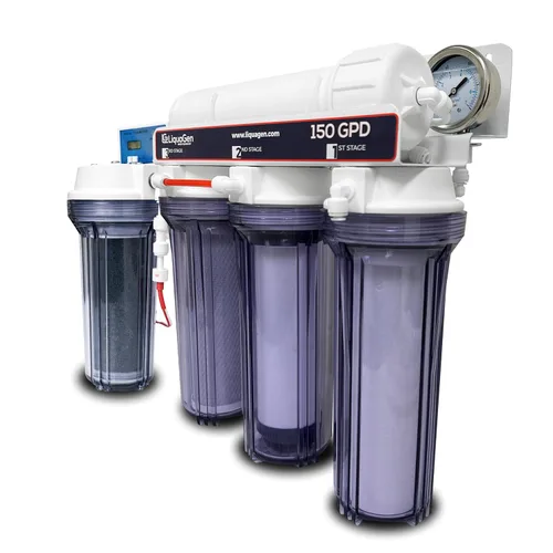 Vista 2 de LiquaGen - Sistema de filtración de agua de ósmosis inversa y desionización (RODI) Super Flow Manómetro con válvula de flotador Medidor digital