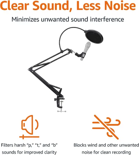 Vista 4 de Amazon Basics Soporte de micrófono ajustable, filtro pop, pantalla antiviento, para Blue Yeti, Snowball, Shure, Audio-Technica, otros micrófonos, 14