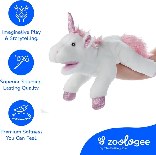 Vista 4 de The Petting Zoo Marioneta de peluche de unicornio de mano, regalos para niños, animales de marioneta, juguete de peluche interactivo de unicornio