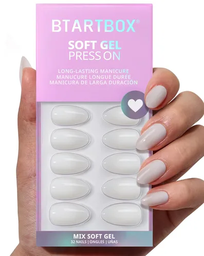 Vista 3 de BTArtbox Uñas Postizas Blancas Cortas a Presión - Uñas Postizas de Gel Suave en Forma de Almendra, Uñas Blancas con Pegamento para Uñas, Uñas