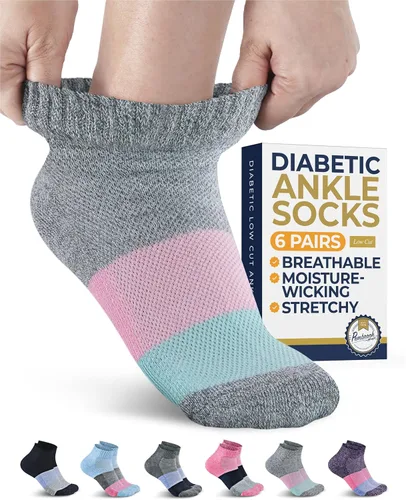 Vista 14 de Pembrook Calcetines de tobillo para diabéticos para mujeres y hombres - 6 pares Calcetines de corte bajo para neuropatía para mujeres Costuras