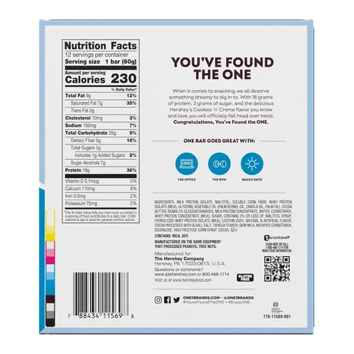 Vista 2 de Barras de proteína ONE, sabor a galletas Hershey's Cookies 'n' Creme, libres de gluten con 18 g de proteína y 3 g de azúcar, artículos básicos