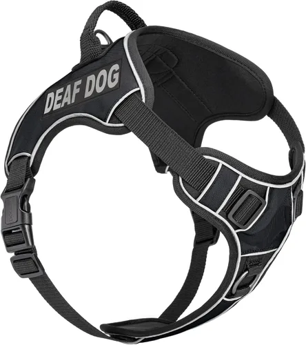 Vista 14 de Dogline Quest - Arnés para perro sordo sin tirones con parches reflectantes extraíbles y reflectantes, suave y cómodo, chaleco para perro con Negro