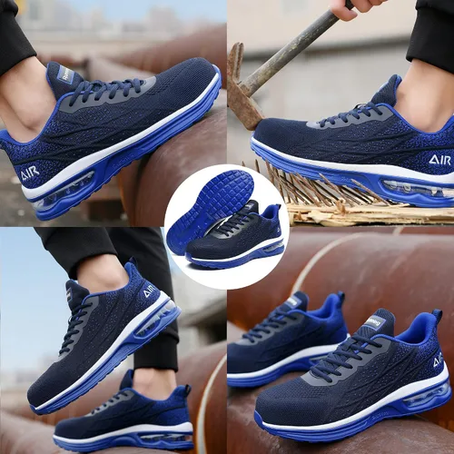 Vista 6 de HiHatide - Zapatos con punta de acero para hombre, zapatos de trabajo, zapatos de seguridad, con amortiguación de aire, ligeros, antideslizantes