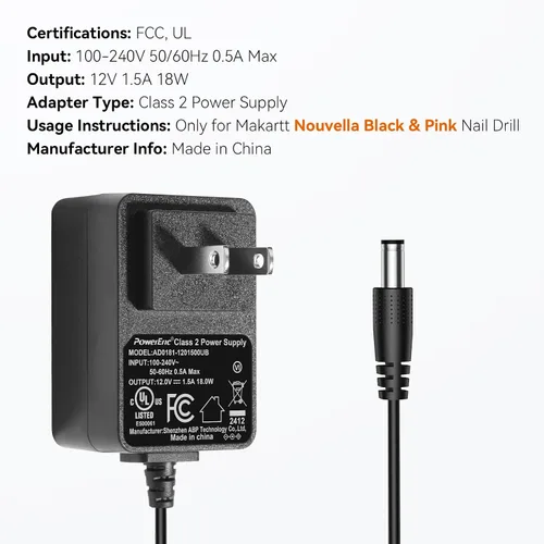 Vista 4 de Makartt Adaptador de Cargador de Energía Original para Lima de Uñas Nouvella, Suministro de Batería 12V 1.5A AC-DC para Lima Eléctrica Recargable