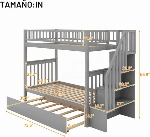 Vista 2 de Literas para niños con escalera, literas de madera maciza con barandilla completa Gris