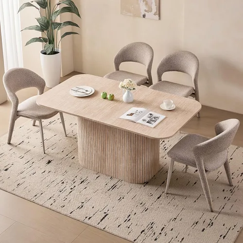 Vista 10 de Juego de 4 mesas de comedor grandes de 63 pulgadas para 4, esquinas redondeadas, mesa de cocina rectangular moderna de madera con sillas Boucle