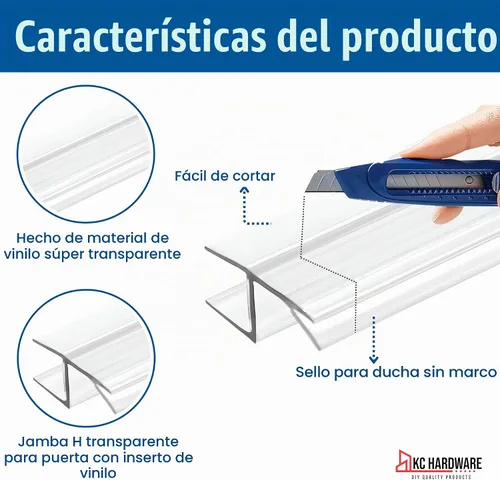 Vista 3 de KC Hardware - Tira de sellado lateral para puerta de ducha sin marco de 95 pulgadas, jamba H para puerta con inserto de vinilo (180 grados)