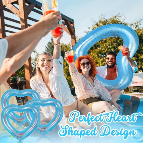 Vista 5 de Flotador inflable de 3 piezas de corazón para piscina, anillos de natación inflables con purpurina, despedida de soltera, tubo flotador, anillo