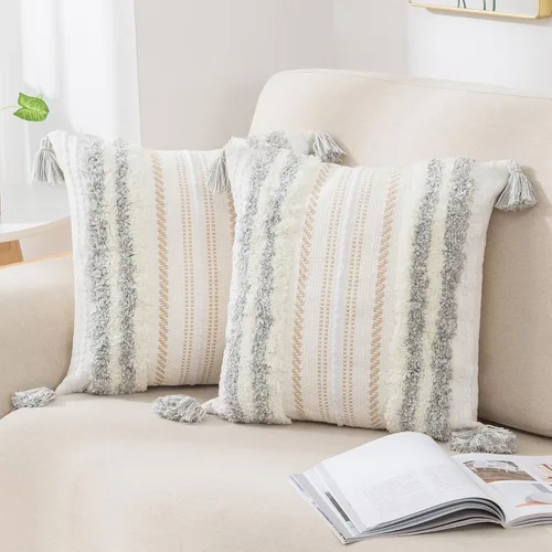 Vista 10 de decorUhome Funda de almohada decorativa bohemia de 18 x 18 pulgadas, funda de almohada de acento con textura neutra acolchada a rayas para sofá