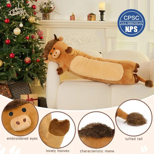Vista 7 de Tezituor Lindo animal de peluche de vaca de las tierras altas de 43 pulgadas, almohada de felpa de vaca larga suave para niños y adultos, juguete