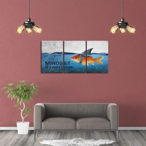 Vista 3 de 3 Paneles de Arte de Pared en Lienzo Inspiracional Enmarcado Moderno Pez Dorado Cuerpo Fuerte Corazón de Tiburón La Mentalidad lo es Todo Carteles