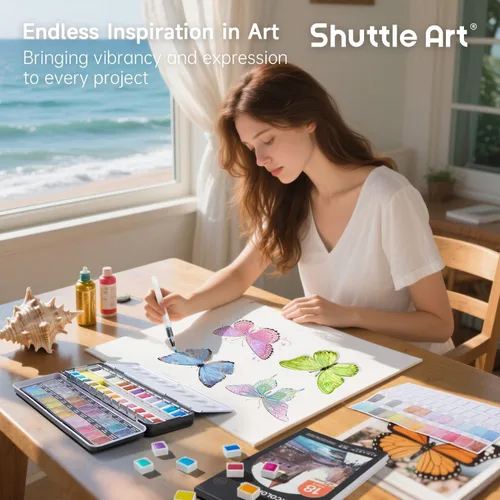 Vista 6 de Shuttle Art - Pinturas de acuarela metálicas, 24 colores de pintura de acuarela con purpurina en medias sartenes con pincel de agua, almohadilla