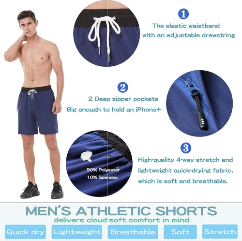 Vista 4 de HEALONG Athletic Lightweight Shorts Men 7" Quick Dry Running Gym Workout Exercise Training Sports Drawstring Zipper Pockets