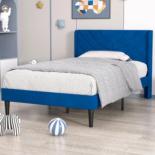 Vista 10 de VECELO Marco de Cama Tamaño Twin Plataforma Tapizada con Cabecera de Tela Ondulada/Soporte de Listones de Madera/No Necesita Somier/Base de Colchón