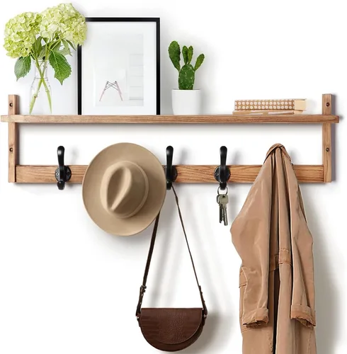 Vista 12 de Tatub Perchero de pared de 29 pulgadas con estante, ganchos de pared de madera con almacenamiento, estante de entrada con 5 perchas para baño, sala