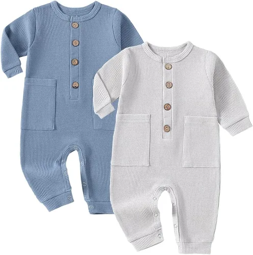 Vista 7 de Conjunto de dos piezas para bebé niño y niña, mono liso de manga larga acanalado de punto de algodón Azul y azul oscuro.